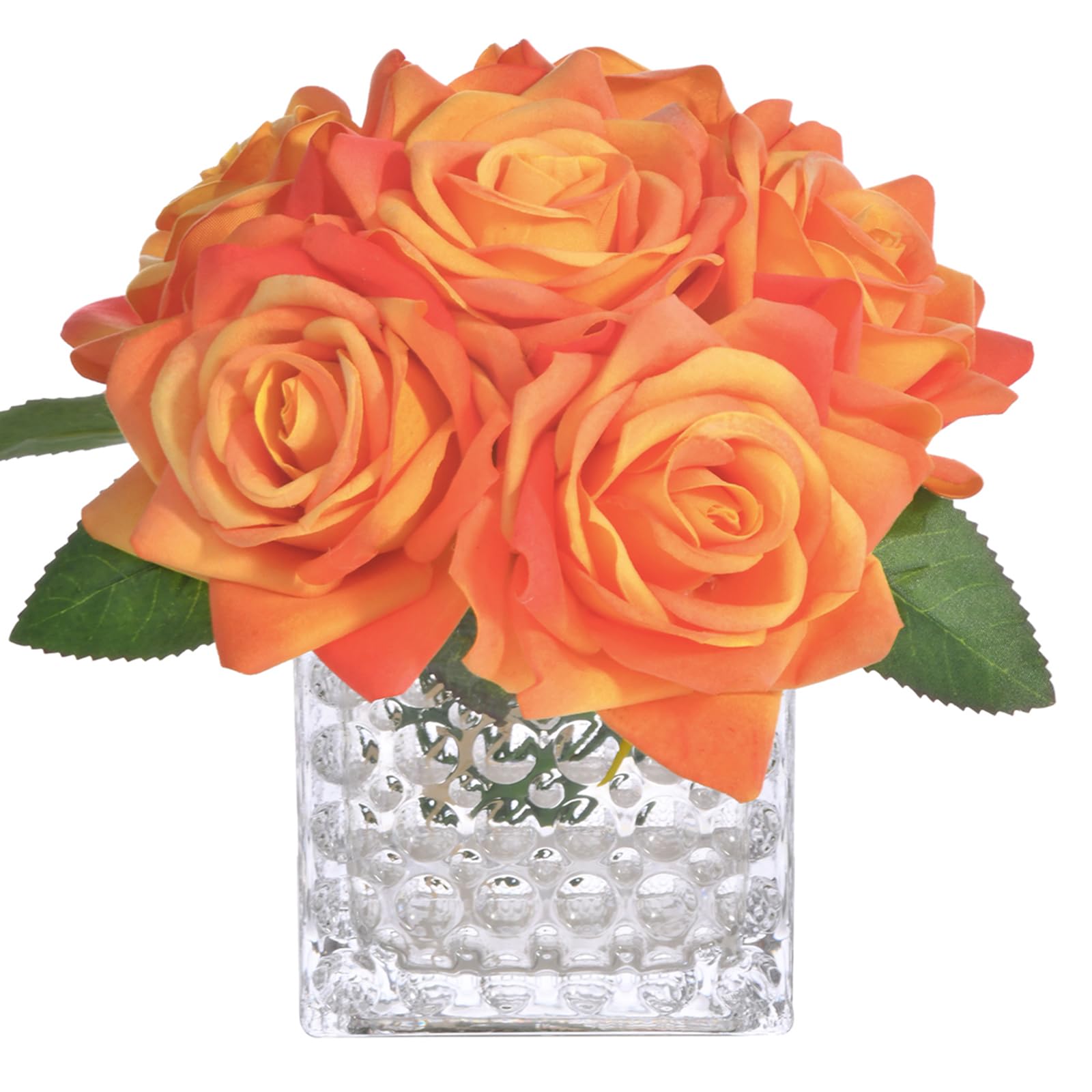 Photo 1 of Fule Artificial Silk Rose Flower Centerpiece Arrangement in Glass Vase with LED Light for Home Wedding Decoration (Orange)