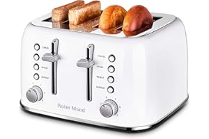 Toaster 4 Slice, Roter Mond Retro Stainless Steel Toaster with Extra Wide Slots Bagel, Defrost, Reheat Function, Dual Independent Control Panel, Removable Crumb Tray, 6 Browning Levels, White