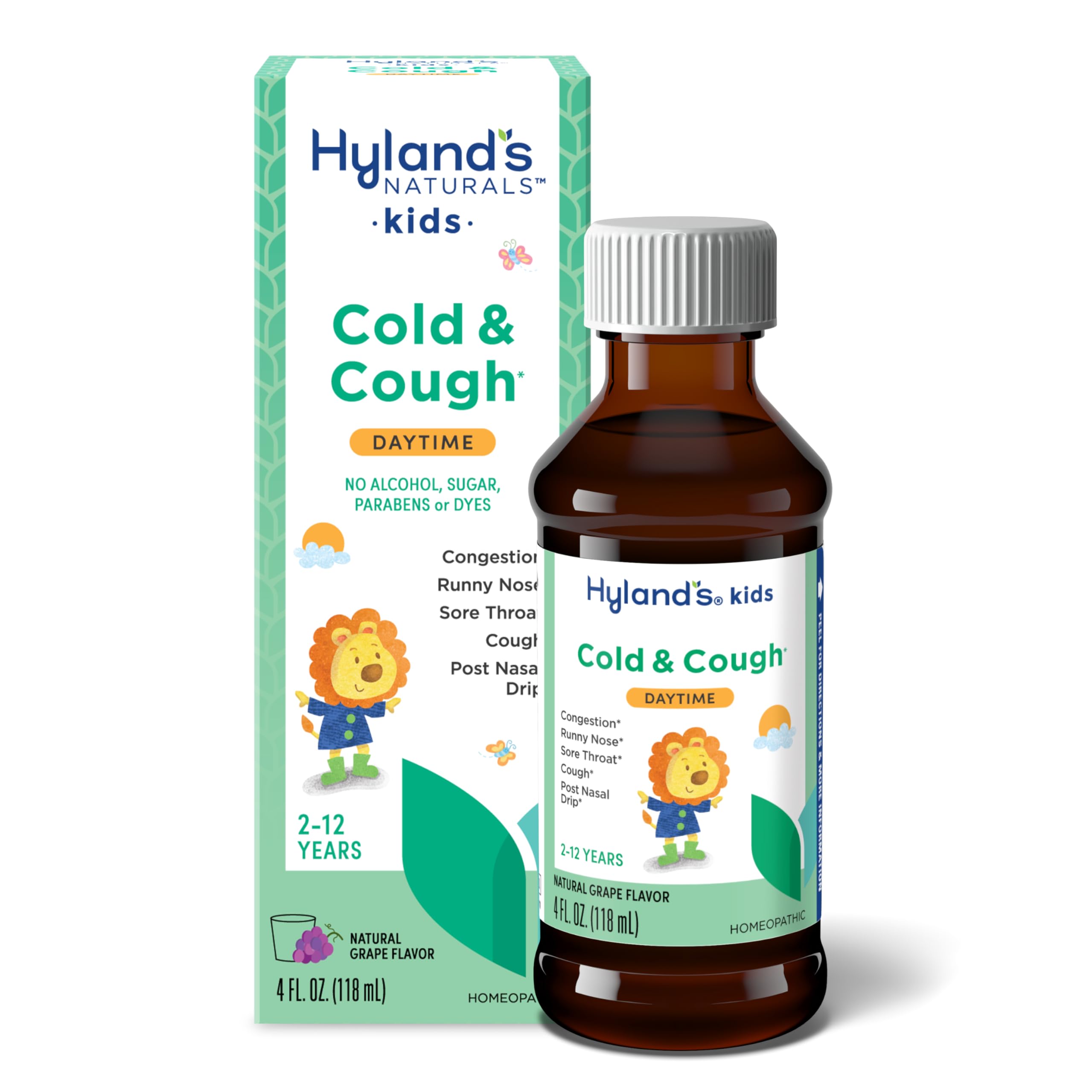 Hyland's Kids Cold and Cough, Daytime Grape Flavor Cough Syrup Medicine for Kids Ages 2 and up, Decongestant, Sore Throat Relief, Natural Treatment for Common Cold Symptoms, 4 Fl Oz