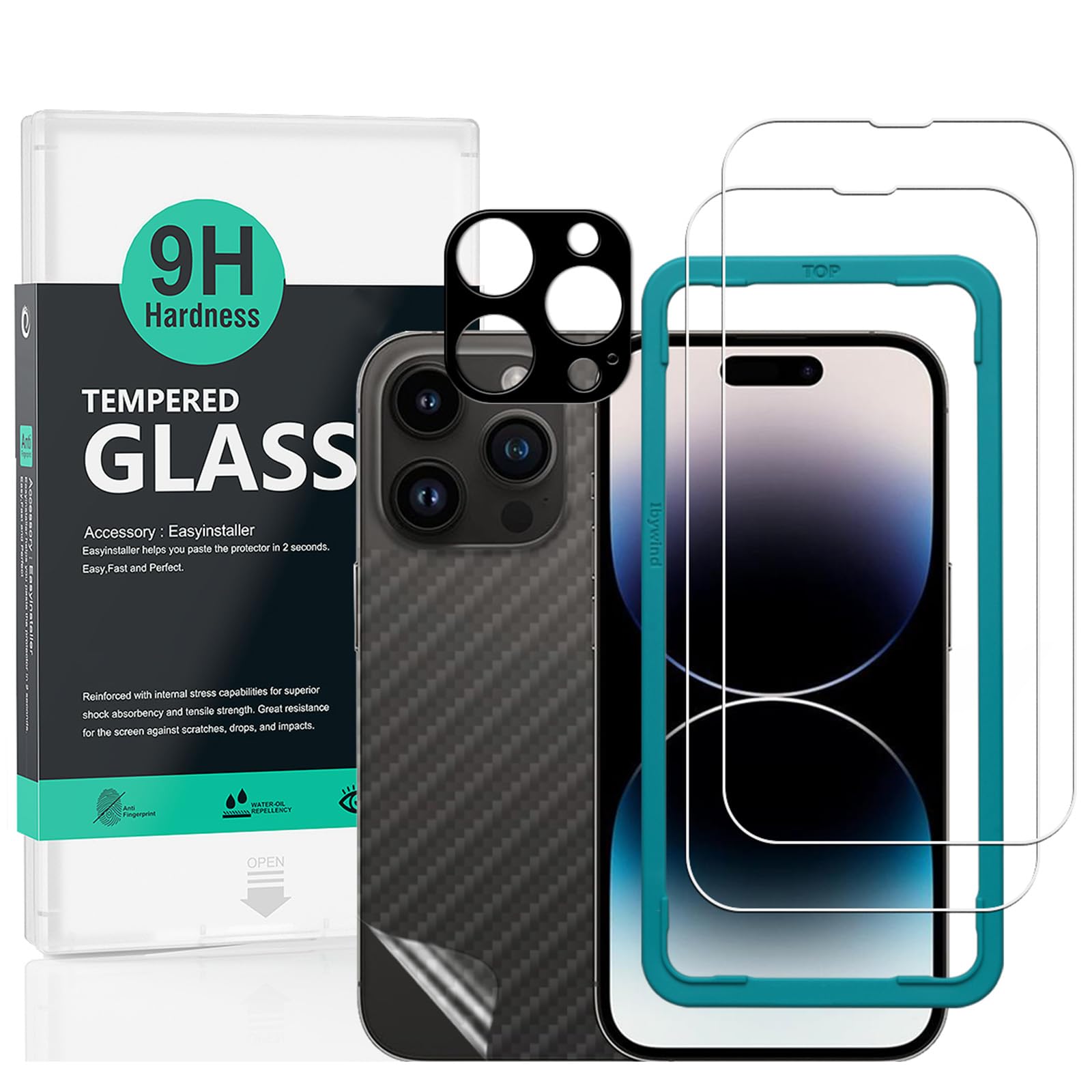 Ibywind Screen Protector (2 Pack) For iPhone 14 Pro Max,9H Hardness Tempered Glass,With 1Pc Metal Camera Lens Protector,1Pc Back Protector,Easy to Install