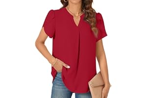 TAOHUADAO Womens Dressy Chiffon Blouses Summer Casual T-shirts Petal Short Sleeve V Neck Tunic Tops for Leggings