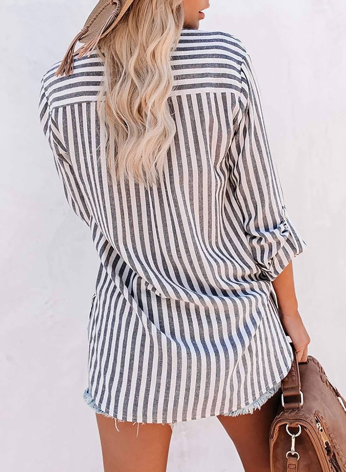 Happy Sailed Womens Casual Striped Button Down V Neck Shirt Stand Collar Long Sleeve Blouse Shirt S-2XL at  Women’s Clothing store