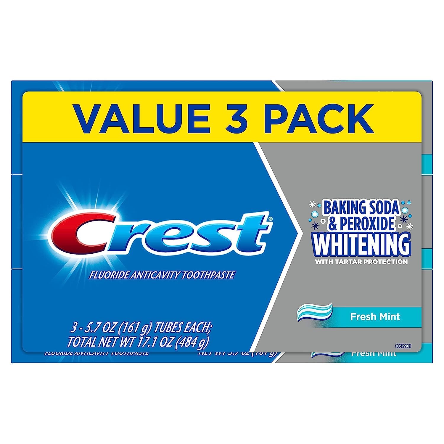 Crest Cavity and Tartar Protection Toothpaste, Whitening Baking Soda & Peroxide, (3 Count of 5.7 oz Tubes Each) 17.1 oz