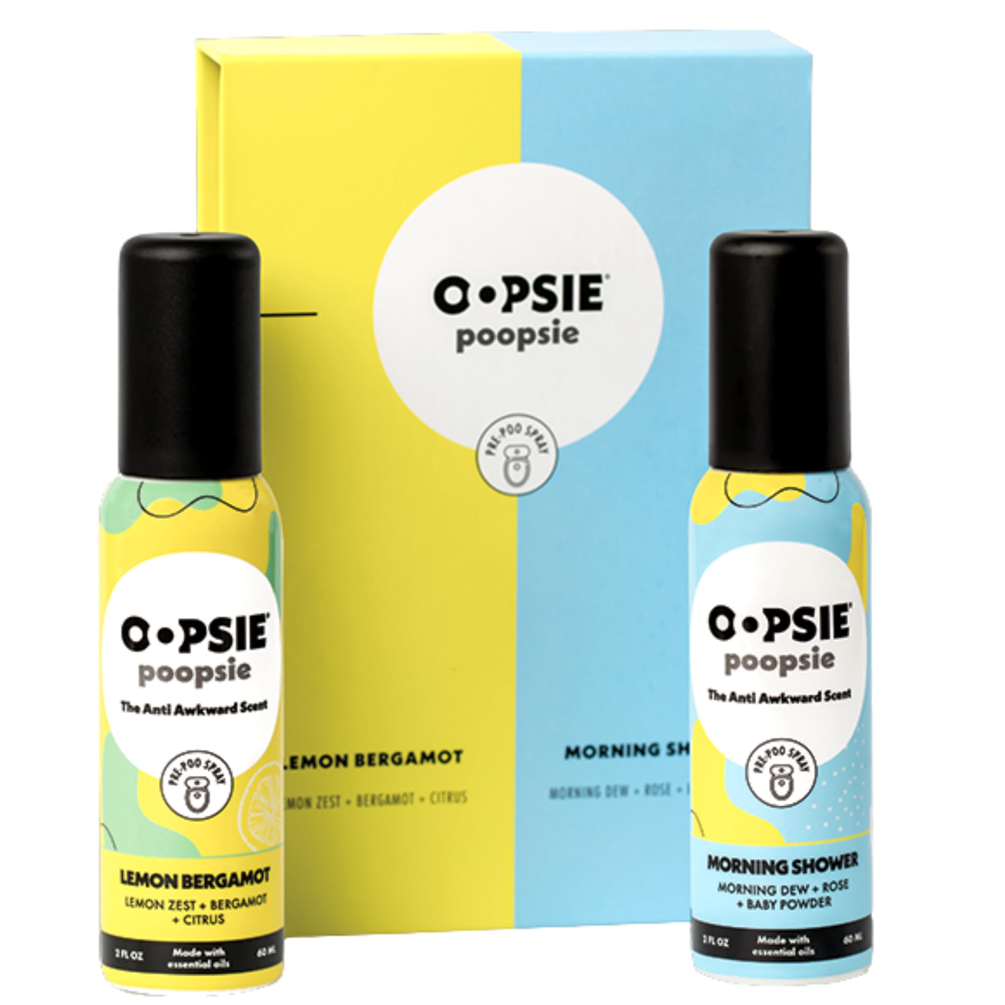 Oopsie Poopsie Pre GO toilet spray, discreet & portable original Pre-poo spray to use on the go. Assorted scents Lemon/Morning Shower Fresh Toilet Odor Eliminator 2oz bottle Gift Set 2 pack
