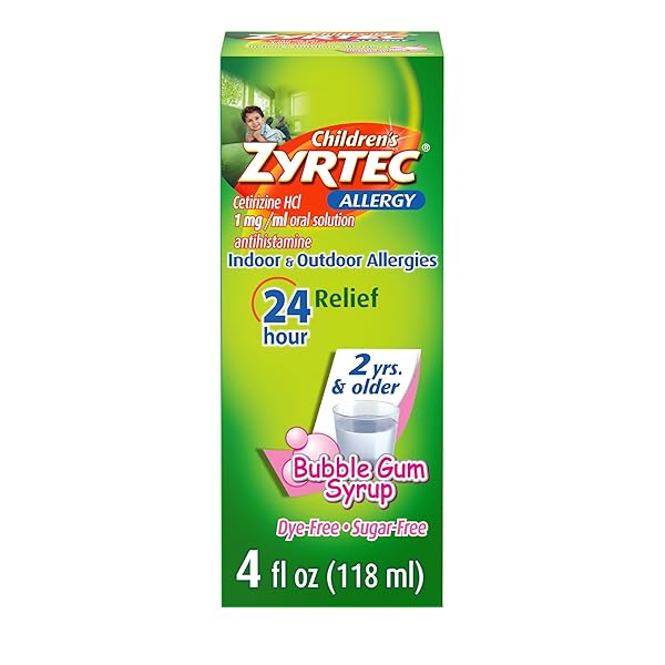 ZYRTEC CHILDREN’S 24 HOUR ALLERGY RELIEF SYRUP, 5 MG CETIRIZINE HCL ANTIHISTAMINE, KIDS ALLERGY MEDICINE FOR INDOOR & OUTDOOR ALLERGY RELIEF, DYE-FREE & SUGAR-FREE, BUBBLE GUM, 4 FL. OZ