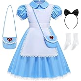 Aoiviss Girls Blue Dress Princess Fancy Dress Up for Halloween Cosplay with White Apron Bow HairBand Bag Socks Set