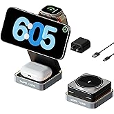 【2026 Upgraded】 Magnetic Wireless Charger 3 in 1, Foldable Charging Station with Night Light for Apple MagSafe Charger, Travel Charger Stand, Nightstand Fast 15W Charging Station (with Adapter)