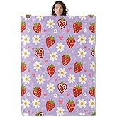 Asivud Cute Strawberry Blanket, Daisy and Heart Design 60 x 50 Inch Flannel Throw Blanket, Gifts for Women Kids, Lightweight Cozy Warm Blankets for Sofa Travel Home Decor