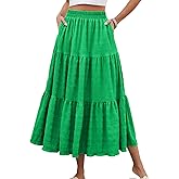 HUSKARY Women's Summer Casual Elegant Smock Layered Tiered Maxi Skirt High Waisted A Line Flowy Long Skirts with Pockets