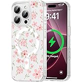 QLTYPRI Magnetic for iPhone 13 Pro Max Case Compatible with Magsafe, Cute Floral Flower Aesthetic Phone Case Slim Clear Anti-Yellowing Shockproof Phone Cover for Girls Women - Pink