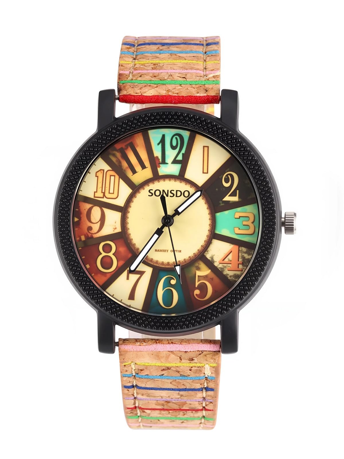 JSDDE Ladies'/Men's Wristwatch Retro Style Colourful Stripes Wood Cork Pattern Polyurethane Leather Analogue Quartz