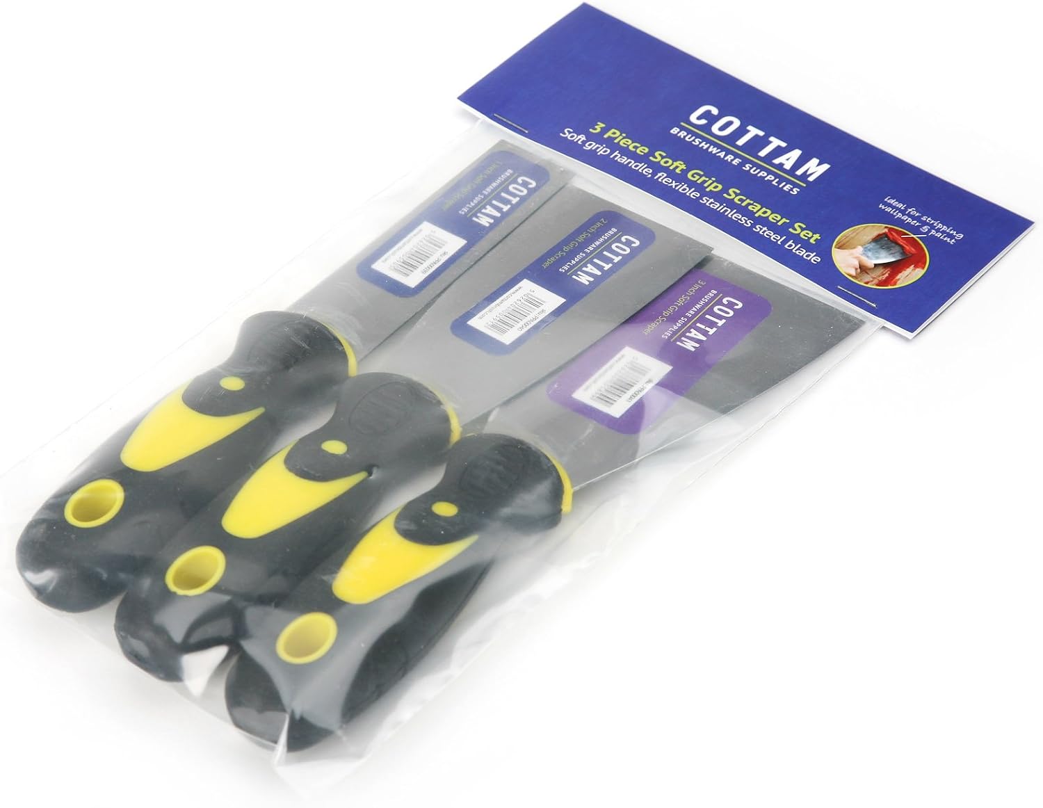 COTTAM Soft Grip Scraper Set (Pack of 3), in Sizes 1", 2" & 3", for DIY Wallpaper & Paint Removal, Decorating