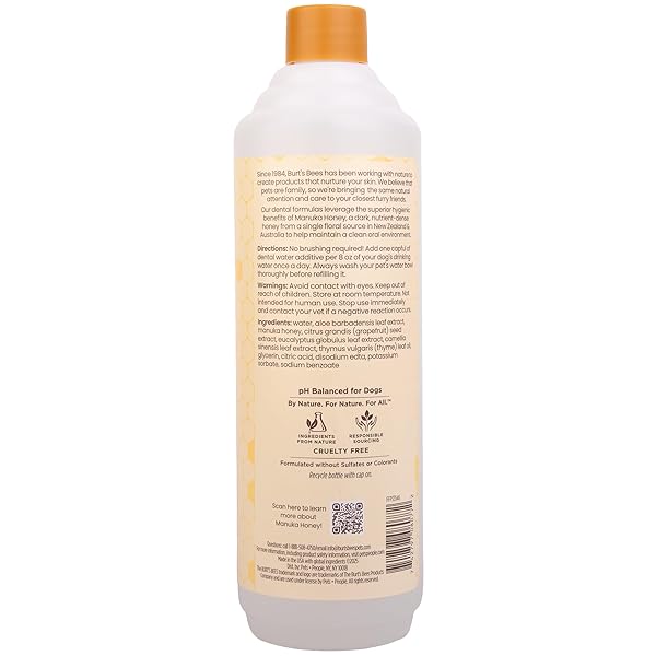 BURT’S BEES FOR PETS DENTAL WATER ADDITIVE FOR DOGS WITH MANUKA HONEY FOR GUM HEALTH & TARTAR CONTROL, NO BRUSHING REQUIRED, 99.5% NATURAL ORIGIN FORMULA, ODORLESS & FLAVORLESS, 16 FL OZ