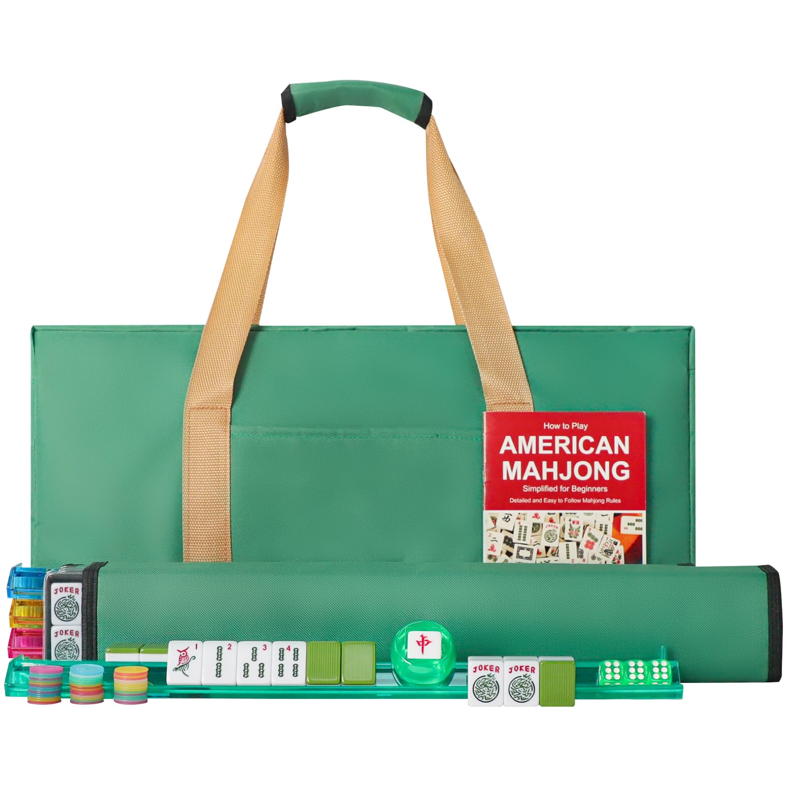 American Mahjong Game Set, 166 Green Tiles, 4 All-in-One Color Rack/Pushers, Complete Mahjong Tile Set，Green Carrying Bag