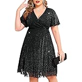 CYCLAMEN Plus Size Sparkly Mesh Dress A Line Short Ruffle Sleeve V Neck Wrap Glitter Dresses Wedding Guest Cocktail Club