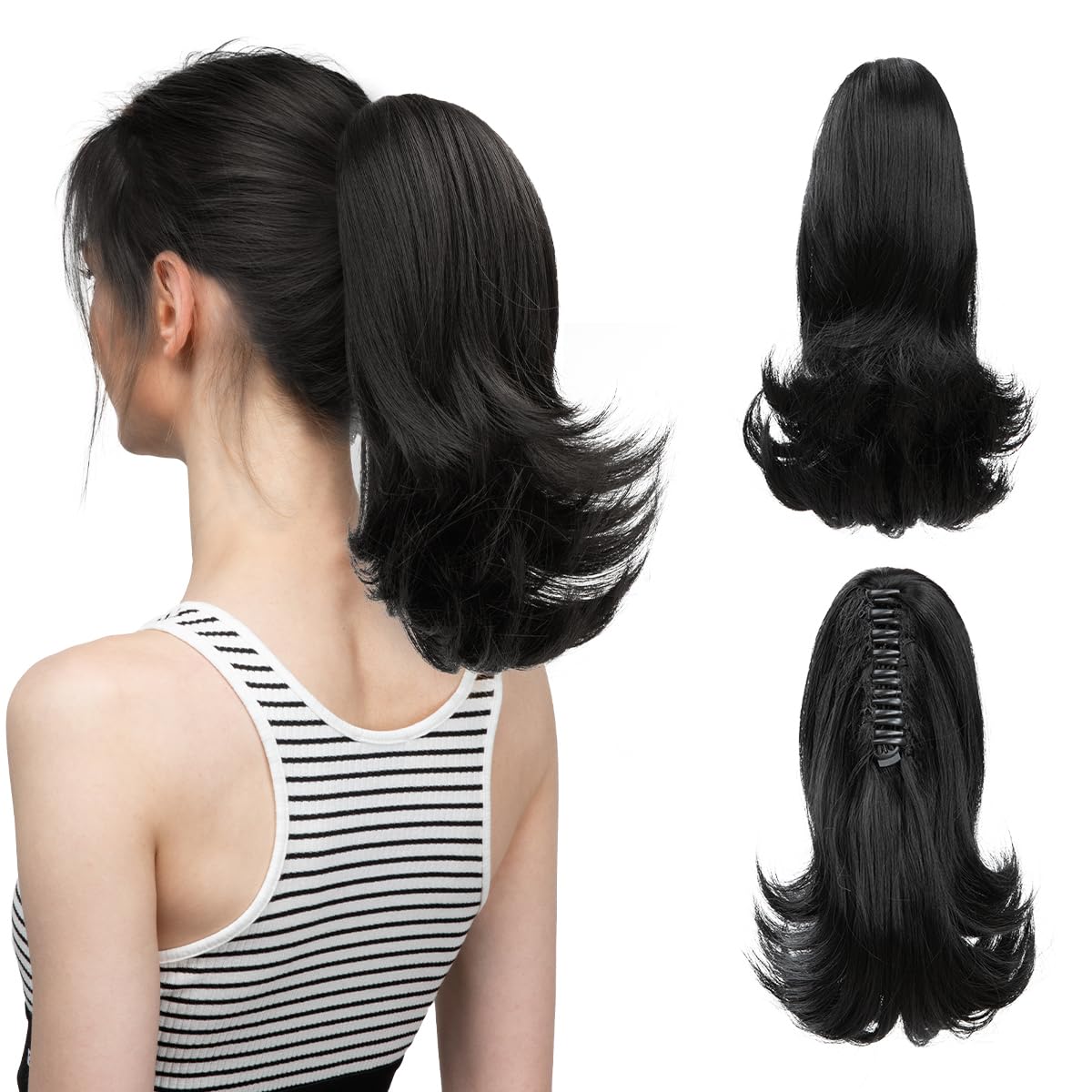Photo 1 of CJL HAIR Short Black Drawstring Claw Clip Ponytail Hair Extension Curly Wavy Afro Synthetic Hairpieces Heat Friendly Fiber Hair Pieces for Women Girls Kids 12 Inch
