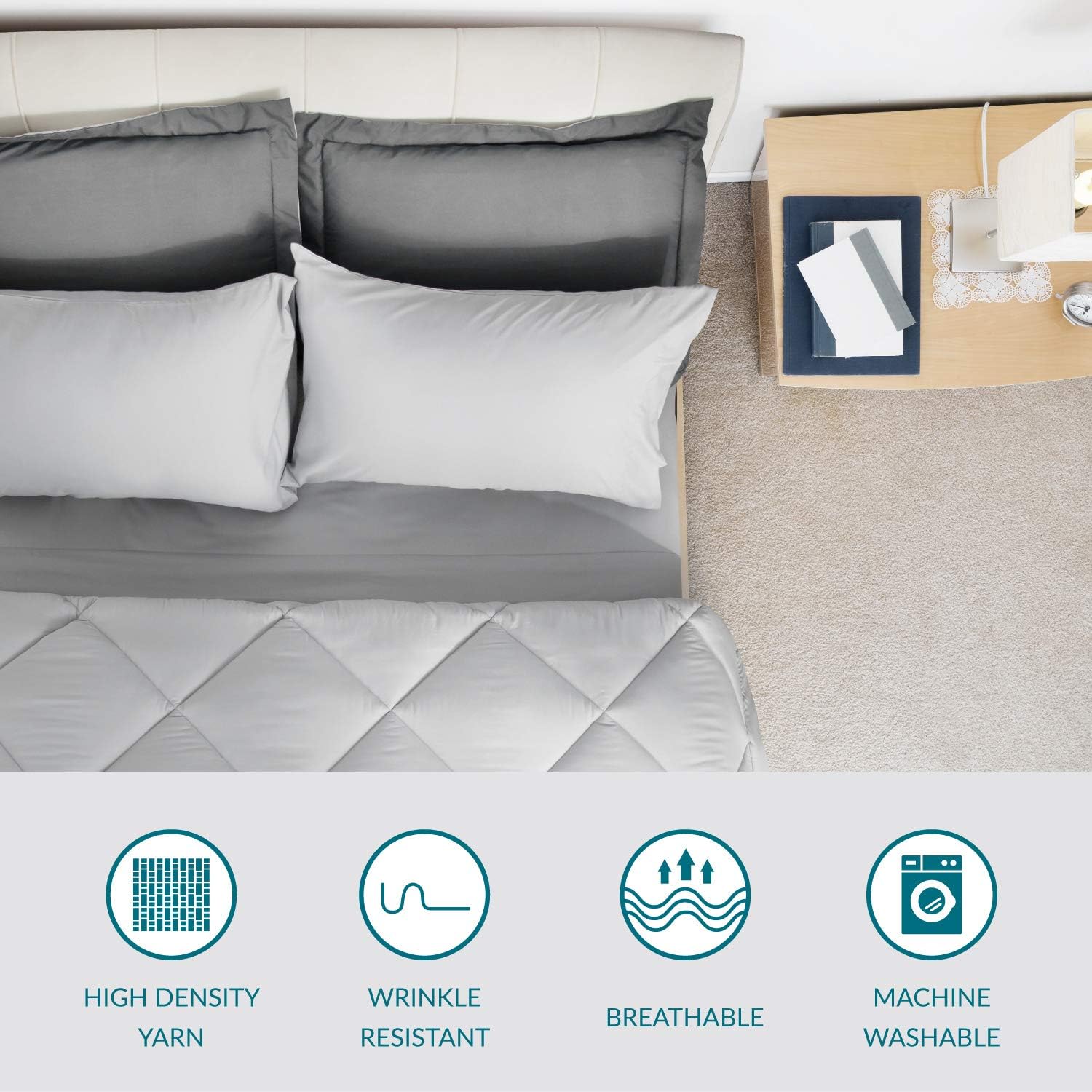 Bedsure Bed in a Bag 8 Pieces Queen Size, Dark Grey/Light Grey - Soft Microfiber, Reversible Bed Comforter Set (1 Comforter, 2 Pillow Shams, 1 Flat Sheet, 1 Fitted Sheet, 1 Bed Skirt, 2 Pillowcases): Home & Kitchen