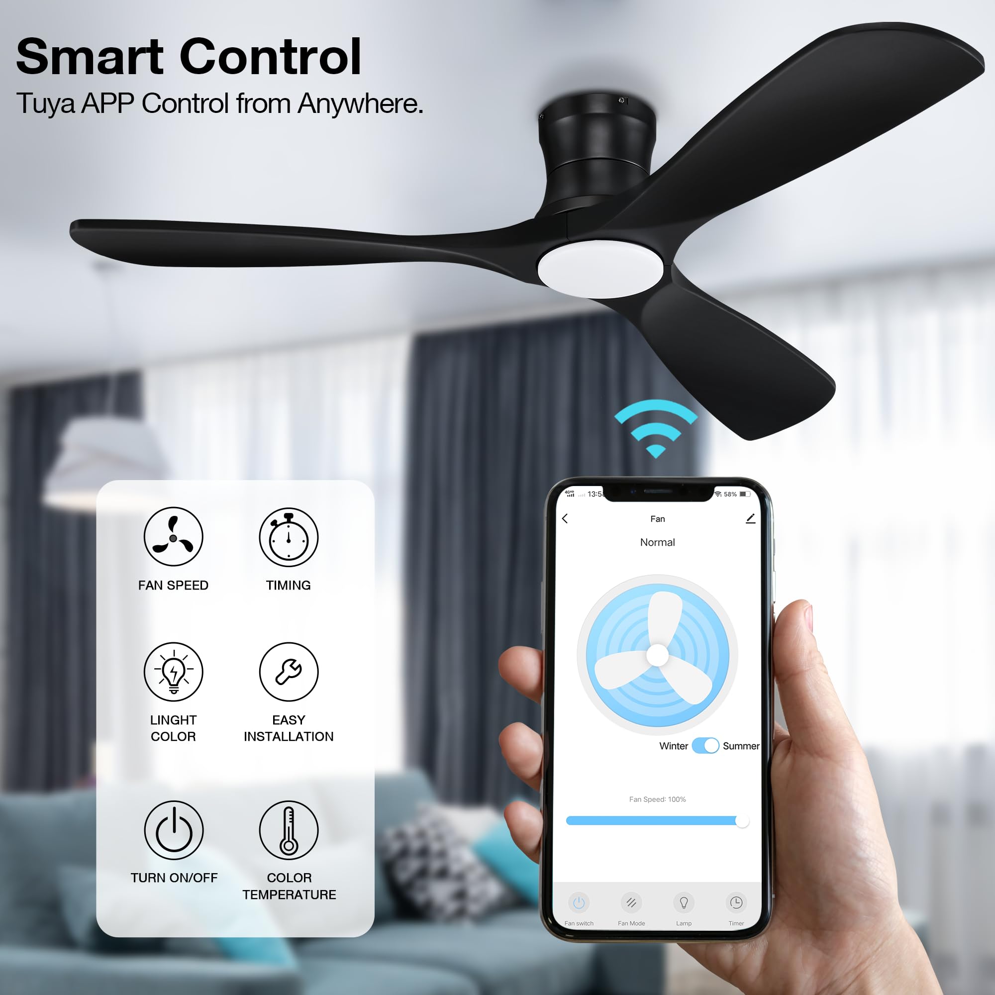 Hoenofly 52” Smart Wood Low Profile Ceiling Fan with Lights Remote,Quiet DC Motor,Outdoor Indoor Flush Mount Ceiling Fans Controlled by WIFI Alexa App,Modern Black for Bedroom Living Room Patio Porch