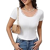 Womens Sexy Lace Tops Ribbed Knit Top for Women U-Neck Summer Tops Y2k Trendy Slim Fit Short Sleeve Shirts