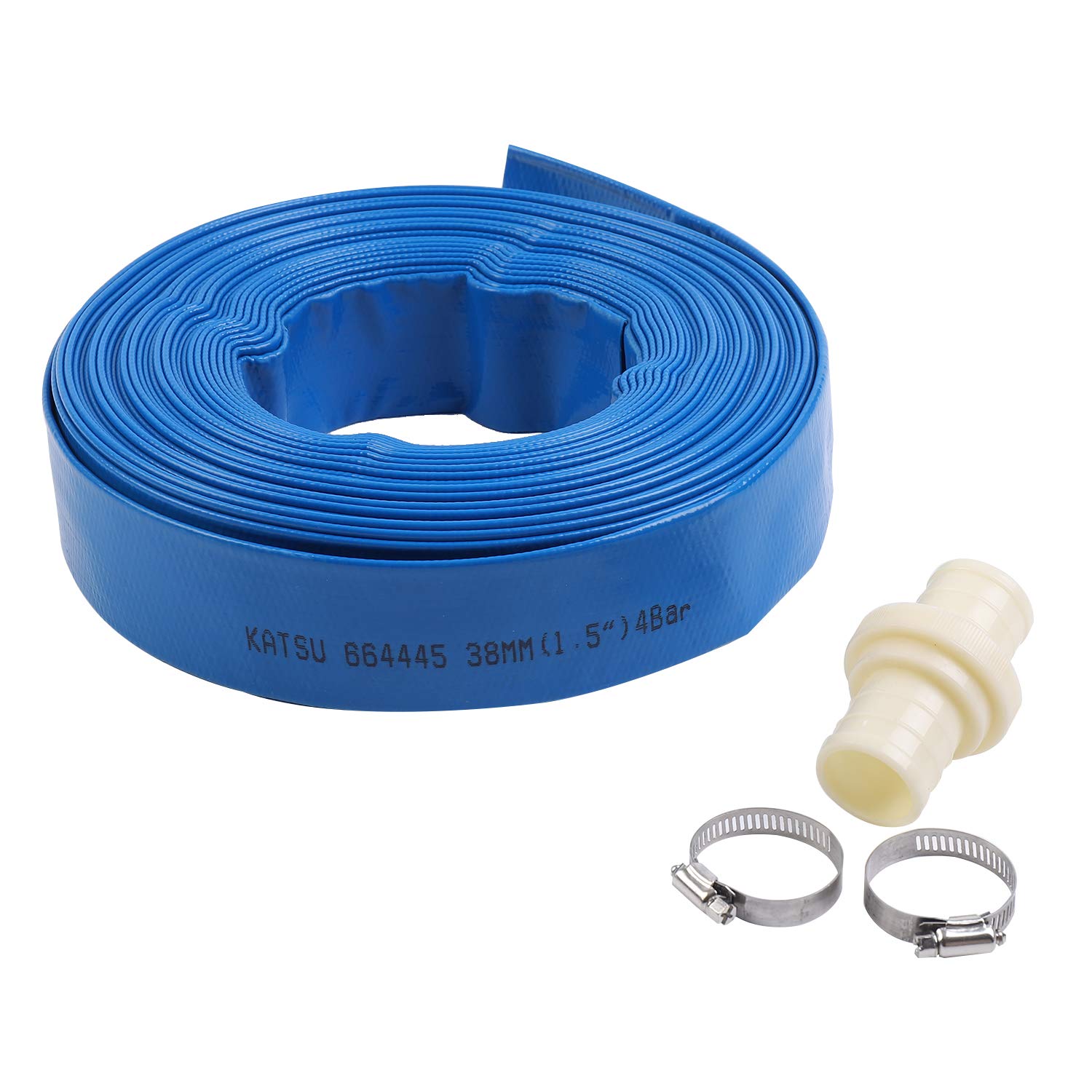 KATSU Layflat Discharge Hose Pipe 20m x 38mm 1-1/2 Inch Diameter with 2 Clips and Quick Coupler Connector, Fits Submersible & Other Water Pumps for Draining Pond, Garden Irrigation, Hot Tub, Pool