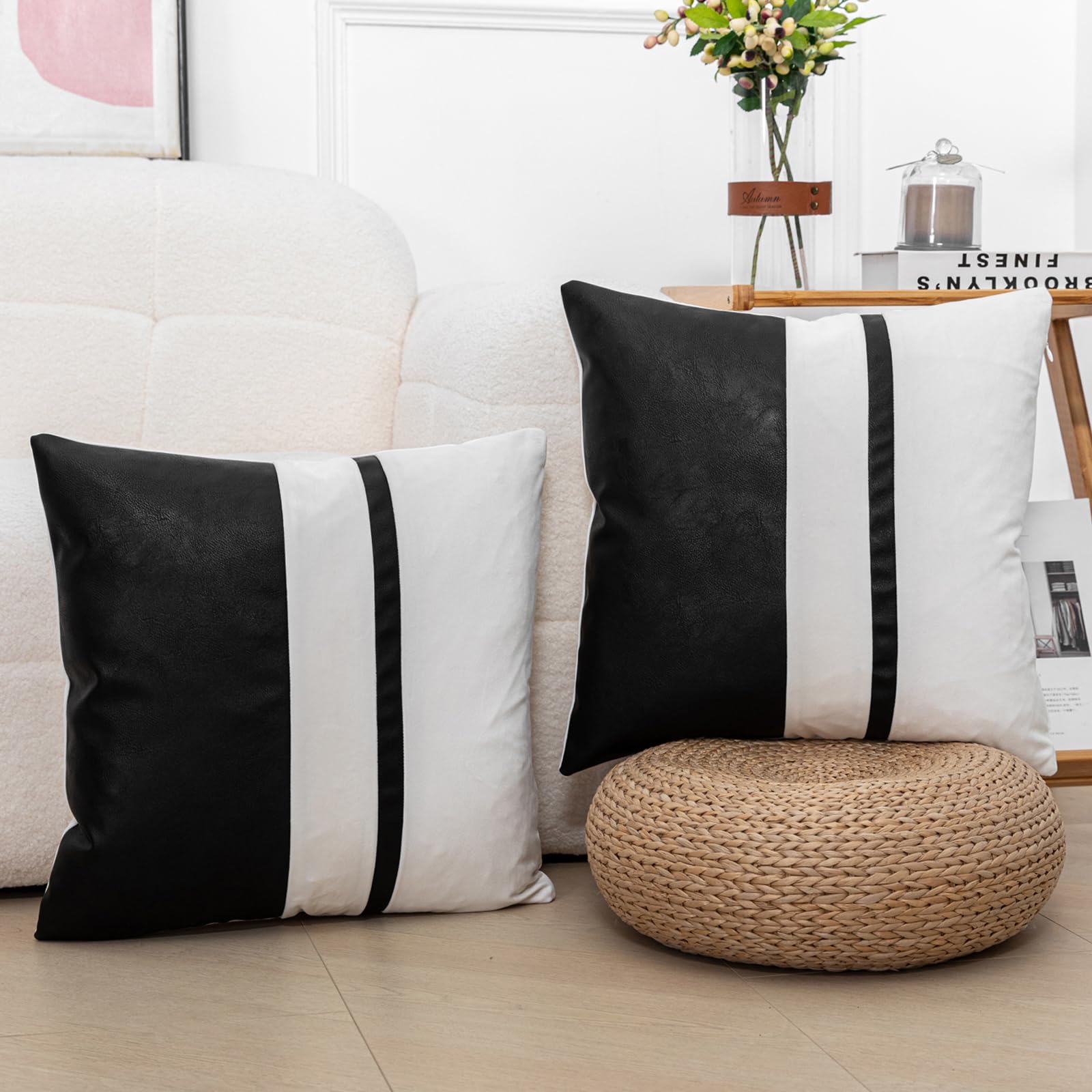 Photo 1 of Vfuty Set of 2 Black and Cream White Decorative Throw Pillow Covers 18x18 Inch Faux Leather and Velvet Patchwork Pillow Cover,Modern Farmhouse Pillow Case for Living Room Couch Bed Boho Home Decor