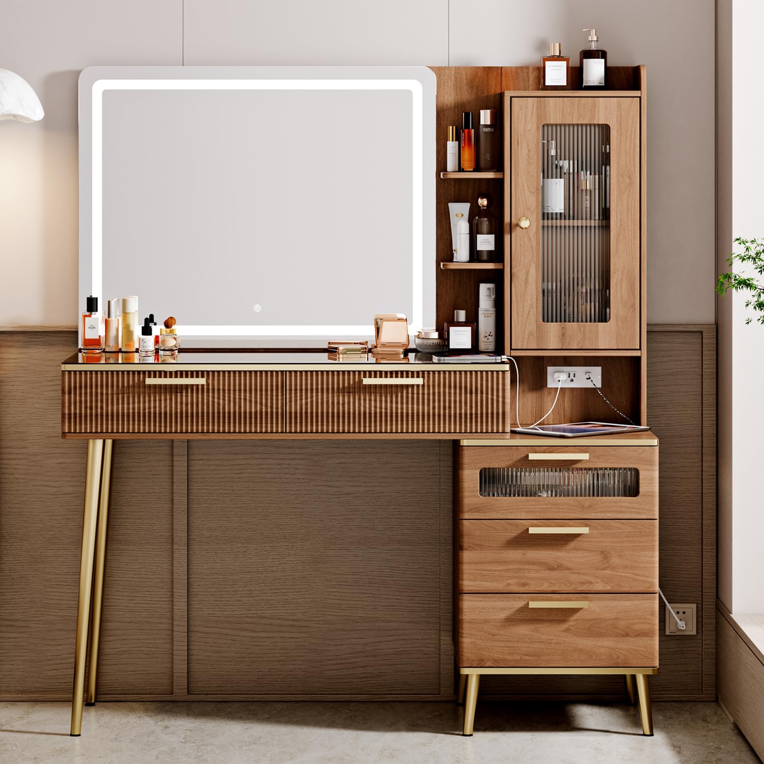 Photo 1 of Vanity Desk with 29.53" HD Lighted Mirror, 47.24" Big Modern Vanity Desk with Mirror and Lights, Makeup Vanity with 5 Drawers and Storage Shelves and Charging Station, Walnut1