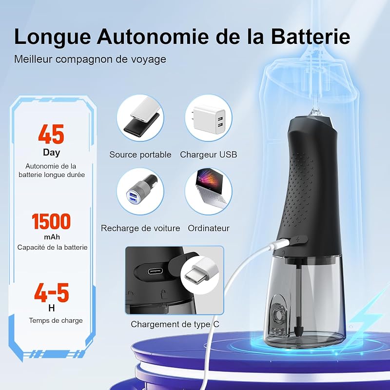 Hydropulseur jet Dentaire Portable, Réservoir d'eau de 320 ml, Noir