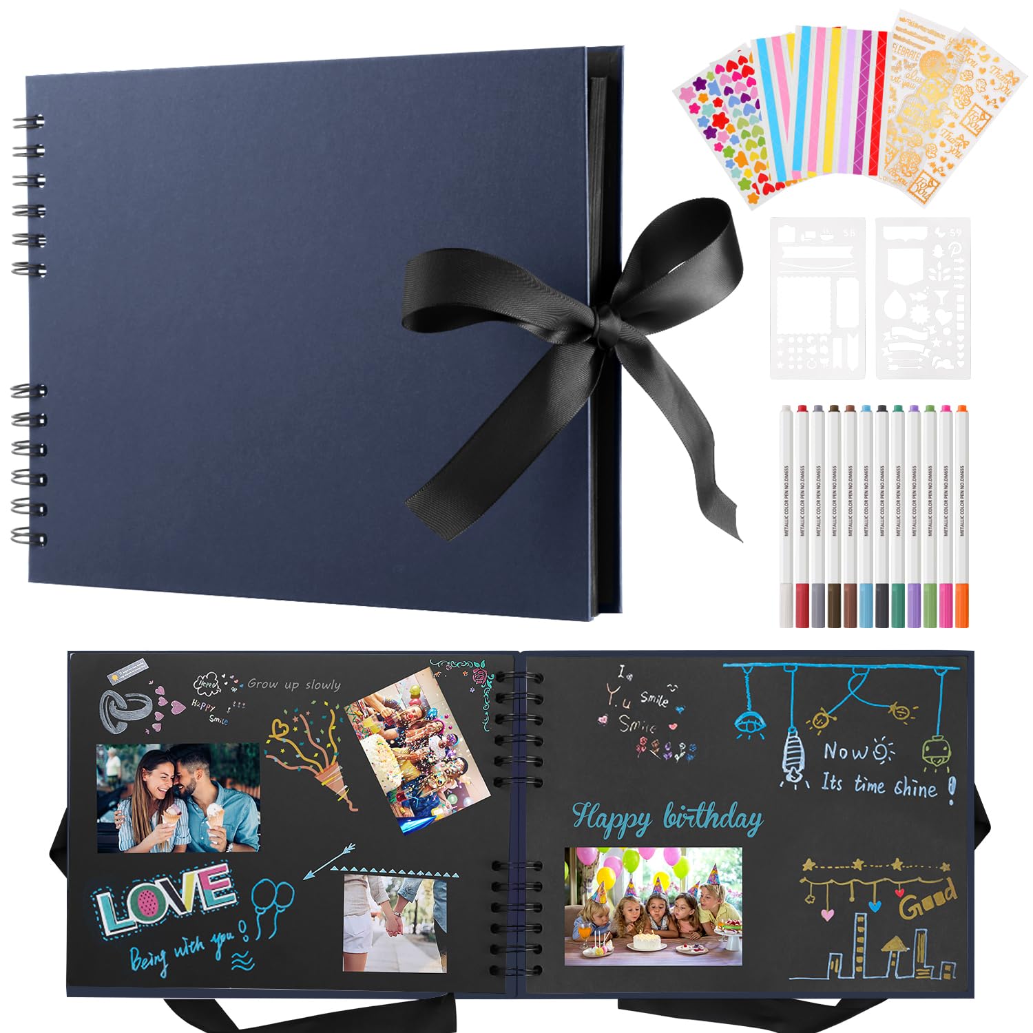 DazSpirit Photo Album Scrapbook - 80 Page DIY Memory Book with 12 Metallic Pens & 8 Photo Stickers, Holds 420 Photos - Scrapbook Kit, Perfect for Writing, Drawing, and Storing Memories(Blue)