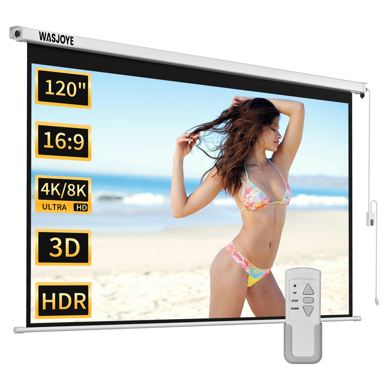 Photo 1 of WASJOYE Motorised Projector Screen 120" - 16:9 Electric Projector Screen Wall/Ceiling Mount with Remote Control - 8K HD Projection Screen Dual Side Power Supply for Home Theater Office TV Game