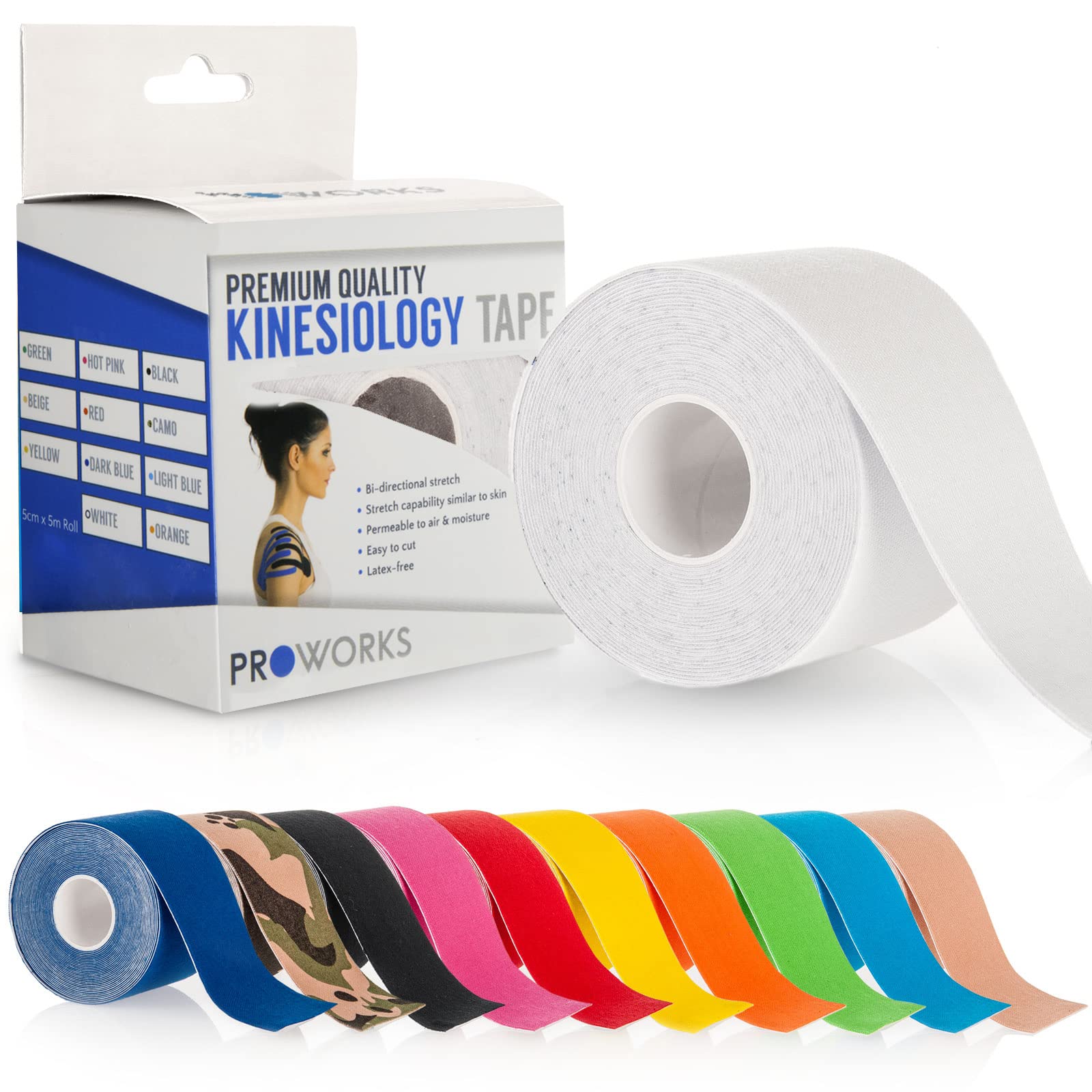 Proworks Kinesiology Tape | 5m Roll of Elastic Muscle Support Tape for Exercise, Sports & Injury Recovery - White