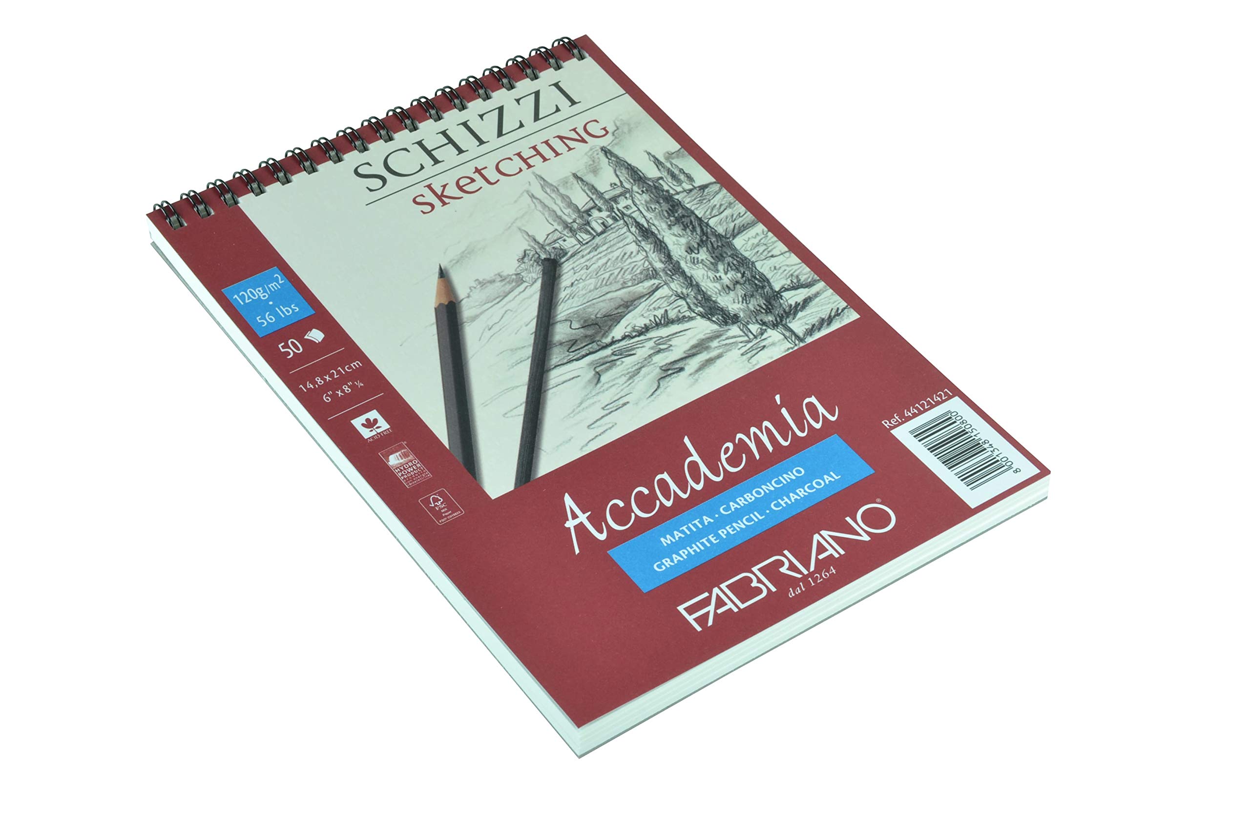 Honsell 44121421 Fabriano Accademia Schizzi Spiral Bound DIN A5 120 g/m² 50 Sheets White High-Quality Erase-Resistant Drawing Paper Acid and Lignin Free for All Drying Techniques