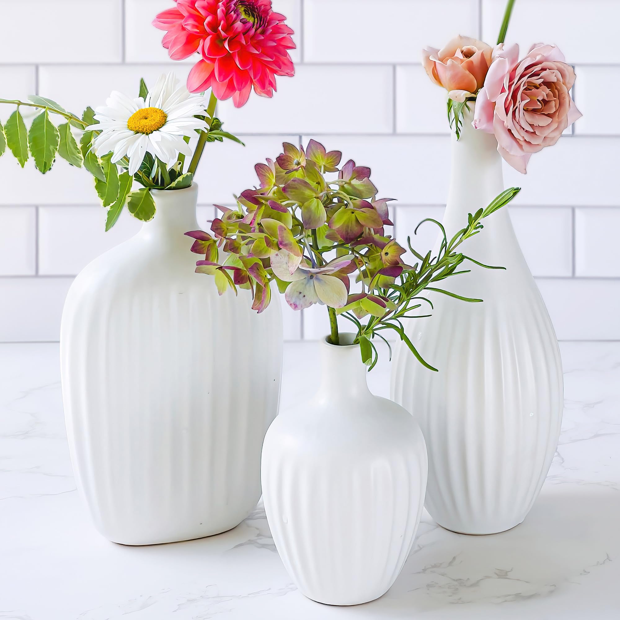 Textured Ceramic Minimalist White Vases (Set of 3) - Boho Vases for Pampas Grass, Eucalyptus, Dry Flowers & Plants | Shelf Decoration, Mantel Decor, Table Centerpiece