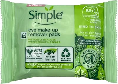 Simple Kind to Skin Eye Makeup Remover Pads Waterproof Mascara 30 Count