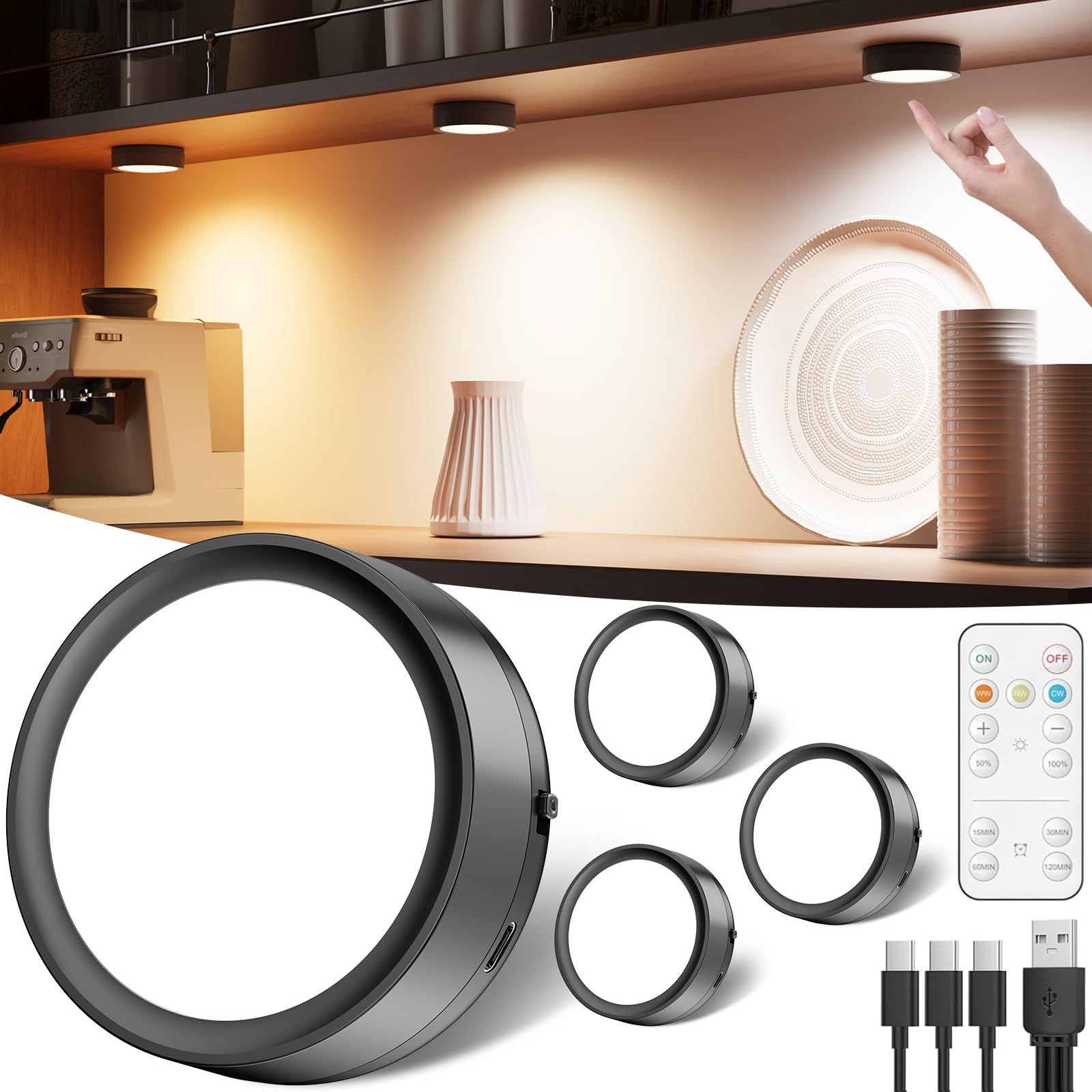 Photo 1 of USB Rechargeable LED Puck Lights with Remote Control, 2400mAh Battery Operated Push Light Stick on Magnetic Tap Lights for Closet Wireless Kitchen Under Cabinet Touch Lamp Shelf Press Button Light