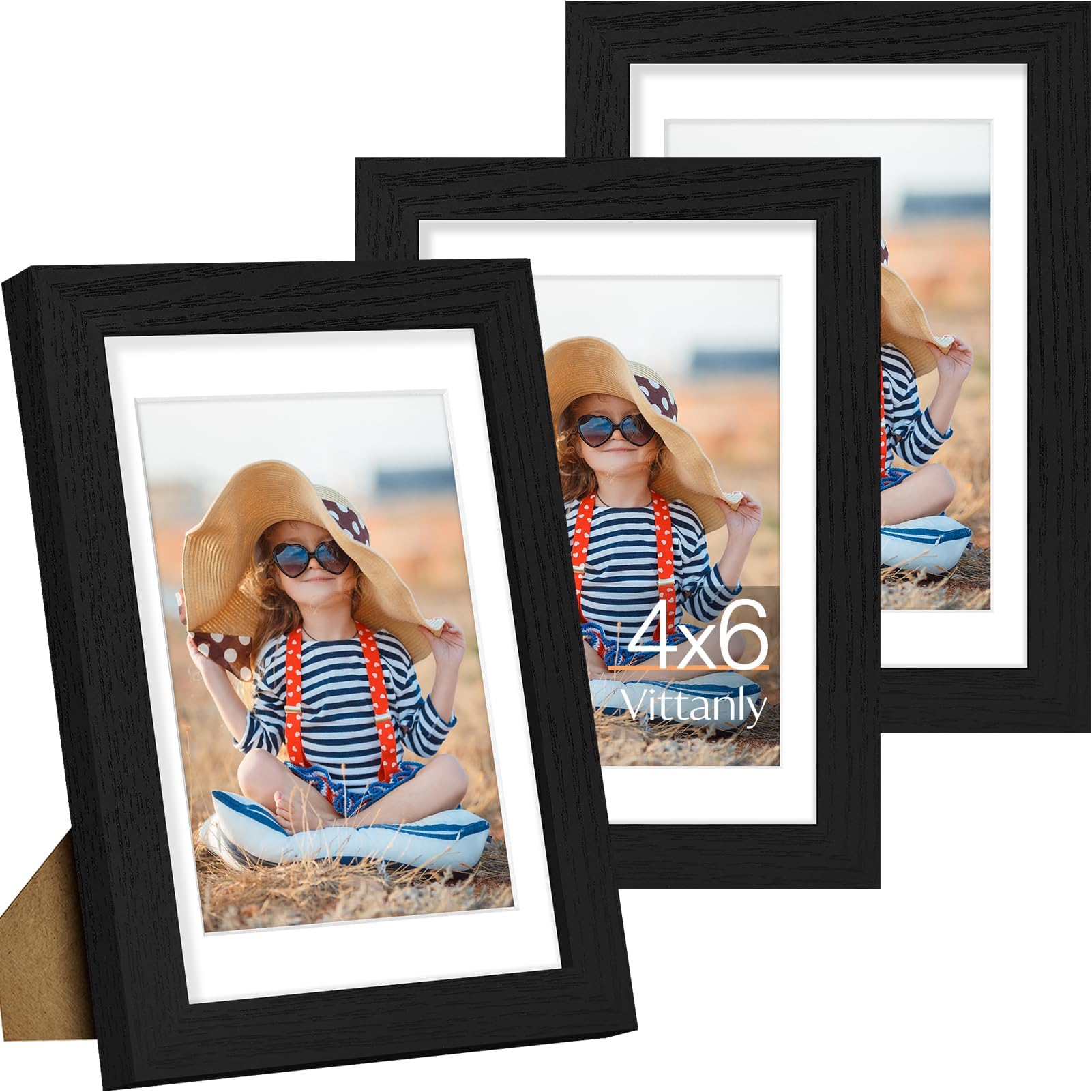 Vittanly 4x6 Picture Frame Set of 3, Display Pictures 3.5x5 with Mat or 4x6 without Mat for Wall Mounting or Tabletop, Picture Frames for Wall Decor, Engineered Wood, Black