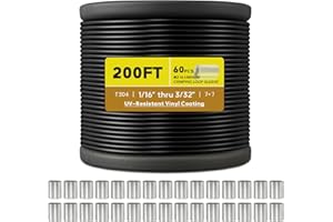 KALLSDY Vinyl Coated Wire Rope 1/16 Inch Overmolded to 3/32 Inch, 200FT 304 Stainless Steel Cable with 60 Pcs Crimping Sleeves for String Light Hanging Kit, Clotheslines and Trellis Wire