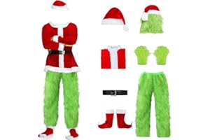 SHIKI Adult Unisex Christmas Green Monsters Costume Men 7PCS Deluxe Santa Suit Cosplay Halloween Outfit Set with Gloves Mask
