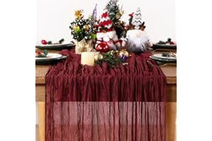 DeZerlor Burgundy Red Cheesecloth Table Runner Christmas Red Table Runner Boho Gauze 120 Inches Cheese Cloth Table Decor for Xmas Holiday Season Parties Weddings Candlelight Dinner