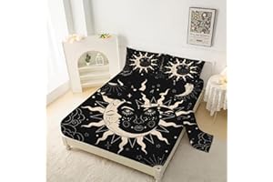 kxry Black Sun and Moon Fitted Sheet Sets Boho Celestial Bedding Bohemian Occult Crescent Solar Stars Full Size for Boys Kids Teens 1 Fitted Sheet + 1 Flat Sheet + 2 Pillow Cases