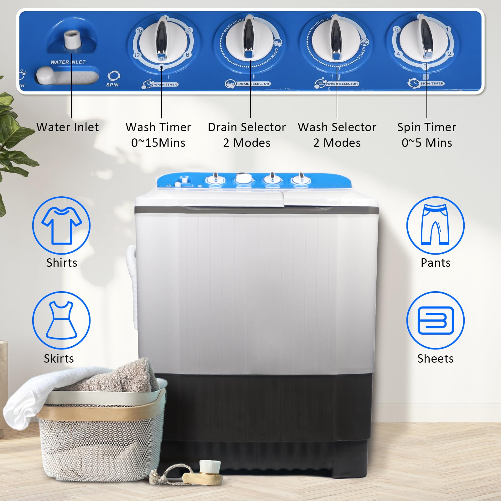 Portable Washing Machine 32lbs Portable Washer and Dryer, Washer(22Lbs) and Spinner(10Lbs) Cycle Combo 2 In 1 Mini Twin Tub Washing Machine for Apartments, Dorms, Camping and More Grey