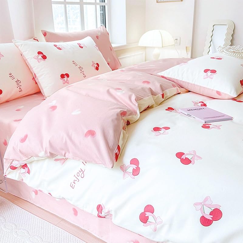 Housse de Couette 140x200 Coeurs Cerises Blanc Rose Parure de lit — photo 7 sur 7