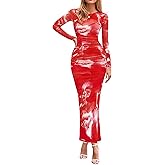 PRETTYGARDEN Wedding Guest Dresses for Women Spring Long Sleeve Ruched Bodycon Floral Mesh Cocktail Party Fall Maxi Dress