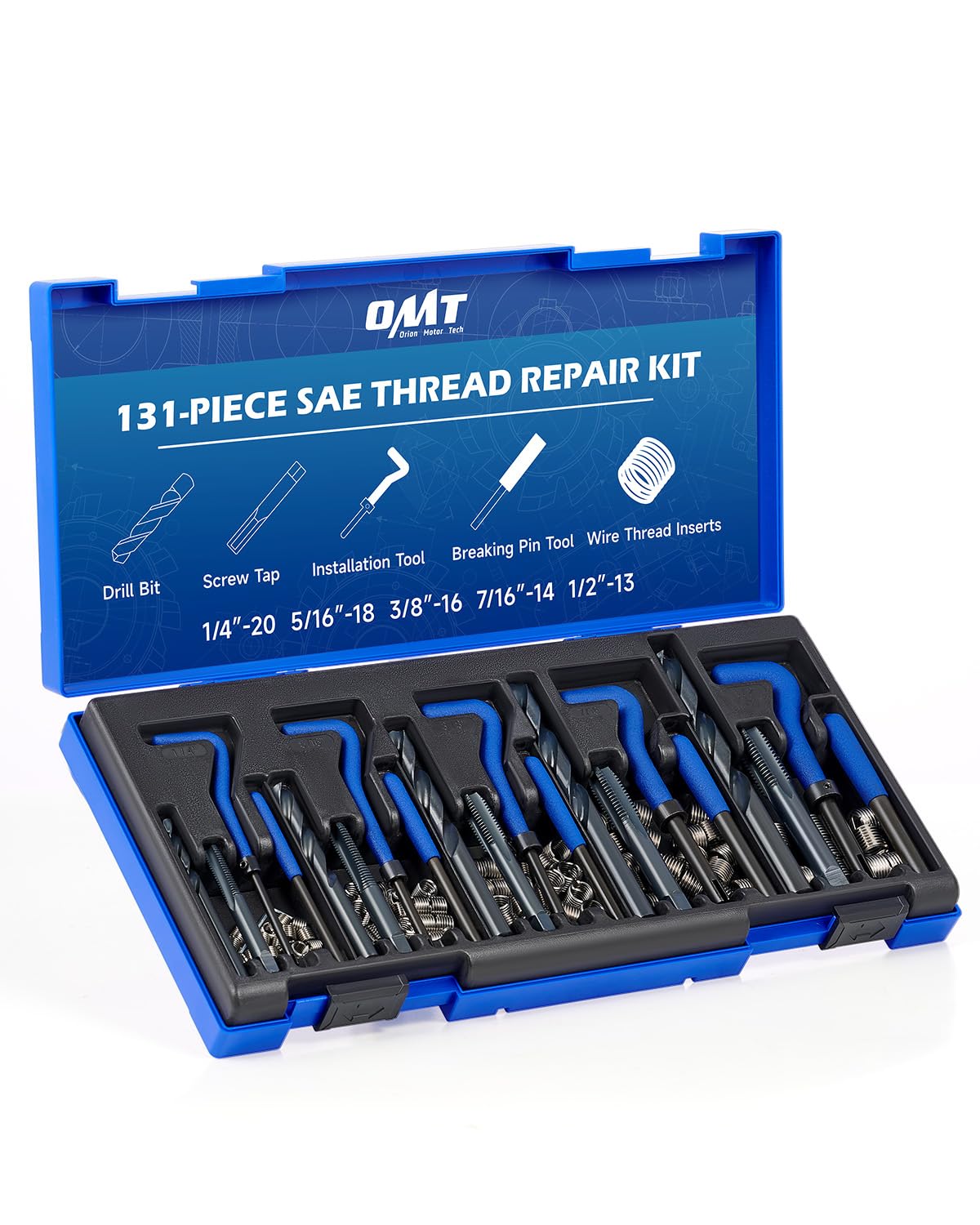 Photo 1 of Orion Motor Tech Thread Repair Kit, SAE Helicoil Repair Kit with HSS Drill Bits Thread Inserts Taps Breakoff Installation Tools, Portable Rethreading Tool Kit in 1/4" 5/16" 3/8" 7/16" 1/2" Sizes