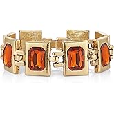 HZMAN Vintage Chunky Bracelet, Diamond-Cut Orange Crystal in Solid Brass, 7.6" Handmade Bangle for Women