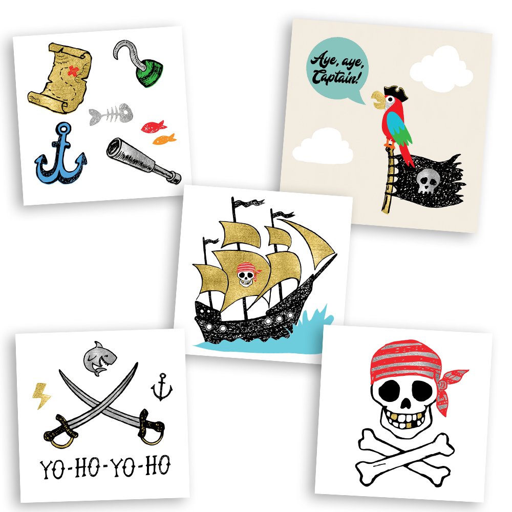Pirate Variety Set of 25 assorted Flash Tattoos, premium waterproof metallic gold/silver/black kids temporary foil tat, gold tattoo, metallic tattoo, pirate party