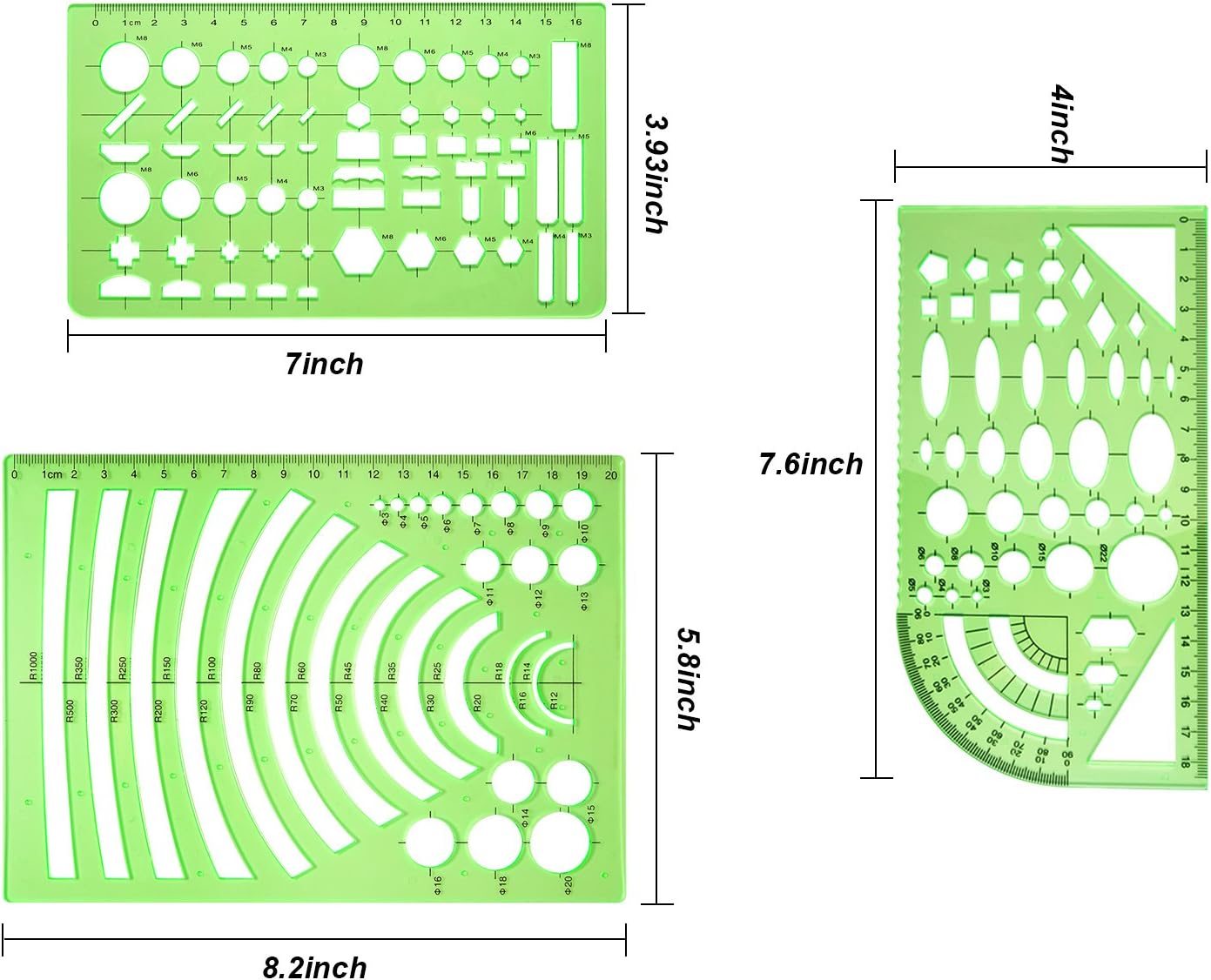 9 Pieces Drawings Templates Measuring Geometric Rulers Plastic Draft Rulers for School Office Supplies, Clear Green : Office Products