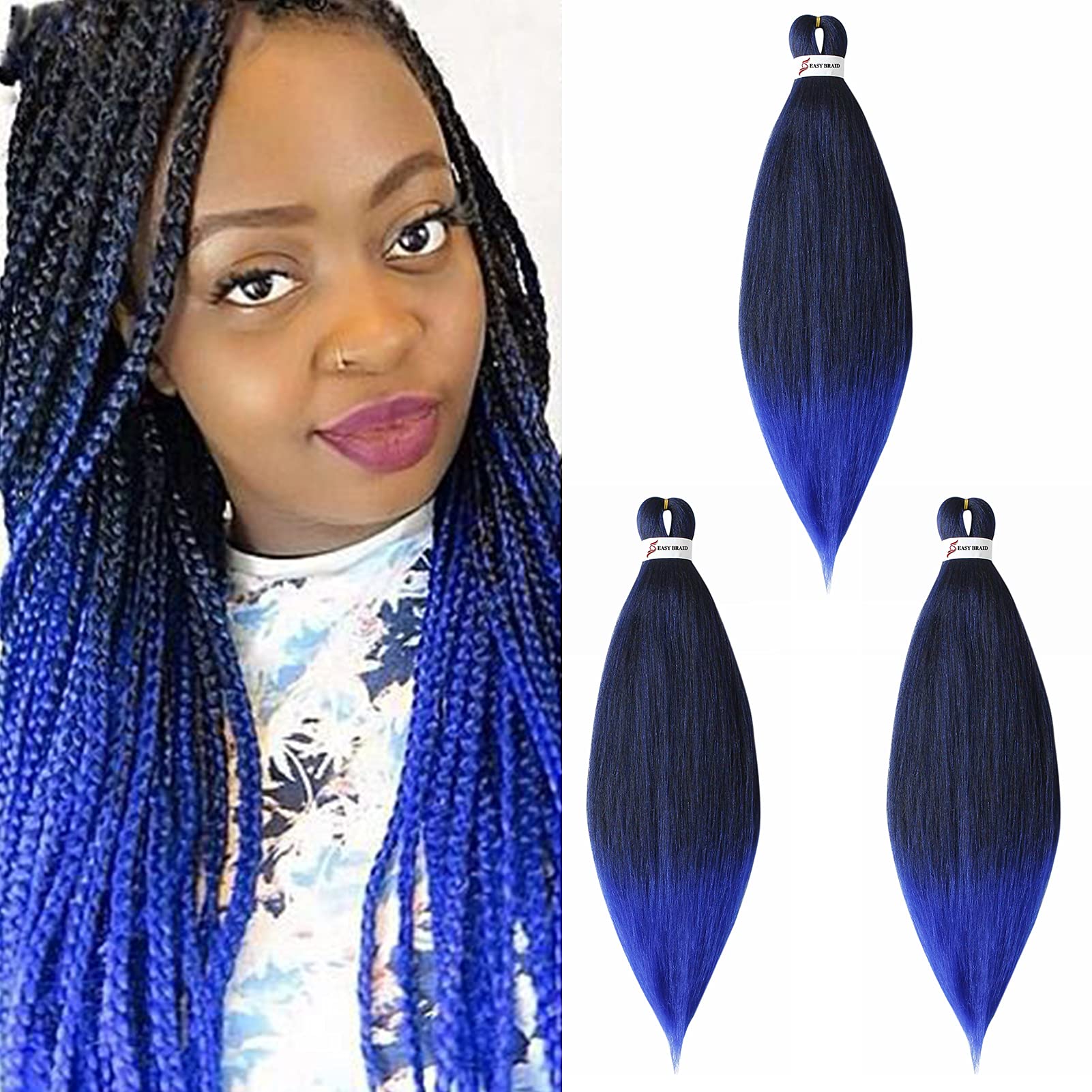 Cybelleza 26" Pre Stretched Braiding Hair Extensions EZ Easy Braid Professional Hair Synthetic Fiber 3 Bundles Crochet Twist Yaki Texuture Hot Water Setting Long Soft, Black&Blue