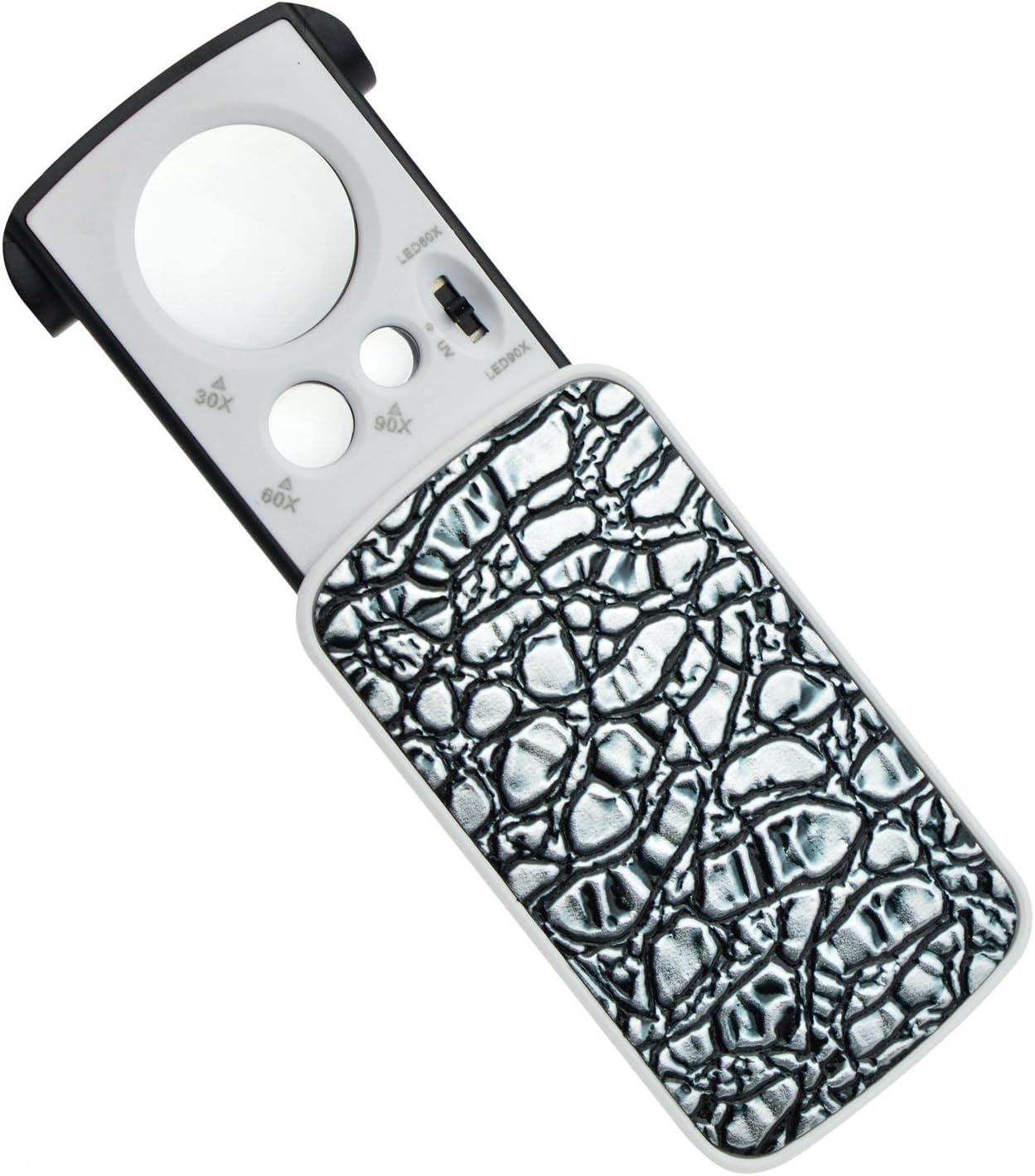 MAXSIN Jewelry Loupe Magnifier with UV LED Light,30X 60X 90X Pocket Magnifying Glass for Jewelry Diamonds Gems Coins Stamps Rocks Watches Hobbies Antiques Models Photos (Silver)