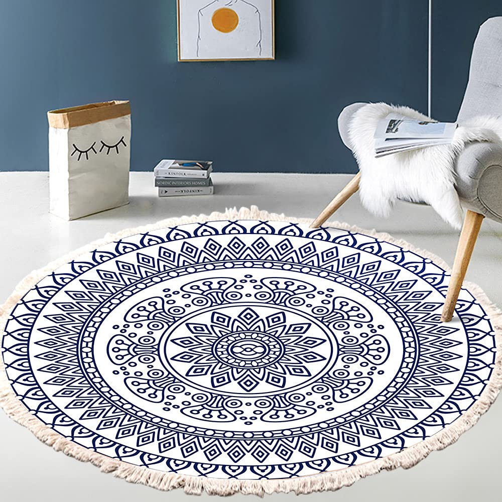 Vintage Boho Cotton Rugs, Mandala Pattern, Washable Hand Woven Bohemian Round Rug with Tassels for Bedroom, Hallway, Living Room, Coffee Table, Doormats, Machine Washable, 60 cm, Flowers #6 — image 1