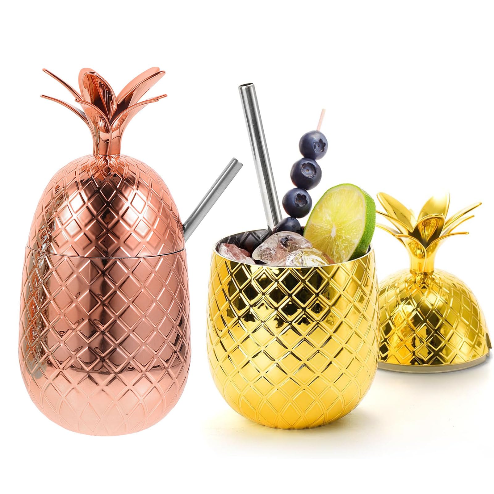 Healeved 450Ml Pineapple Glasses - 2 Pcs Stainless Polypropylene (PP) Wine Tumbler with Lid and Straw , Drinking Cup Fit Summer Pool Tropical Party, Bar - For Wine, Champagness, Coffee, Ice Cream